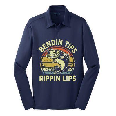 Bass Fish Dad Bendin Tips Rippin Lips Funny Papa Fishing Silk Touch Performance Long Sleeve Polo