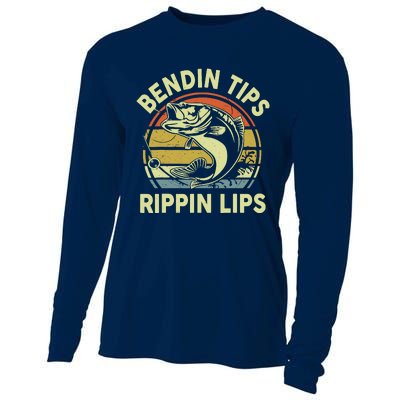 Bass Fish Dad Bendin Tips Rippin Lips Funny Papa Fishing Cooling Performance Long Sleeve Crew