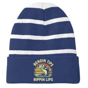 Bass Fish Dad Bendin Tips Rippin Lips Funny Papa Fishing Striped Beanie with Solid Band