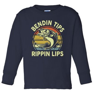 Bass Fish Dad Bendin Tips Rippin Lips Funny Papa Fishing Toddler Long Sleeve Shirt