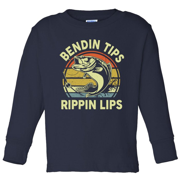 Bass Fish Dad Bendin Tips Rippin Lips Funny Papa Fishing Toddler Long Sleeve Shirt