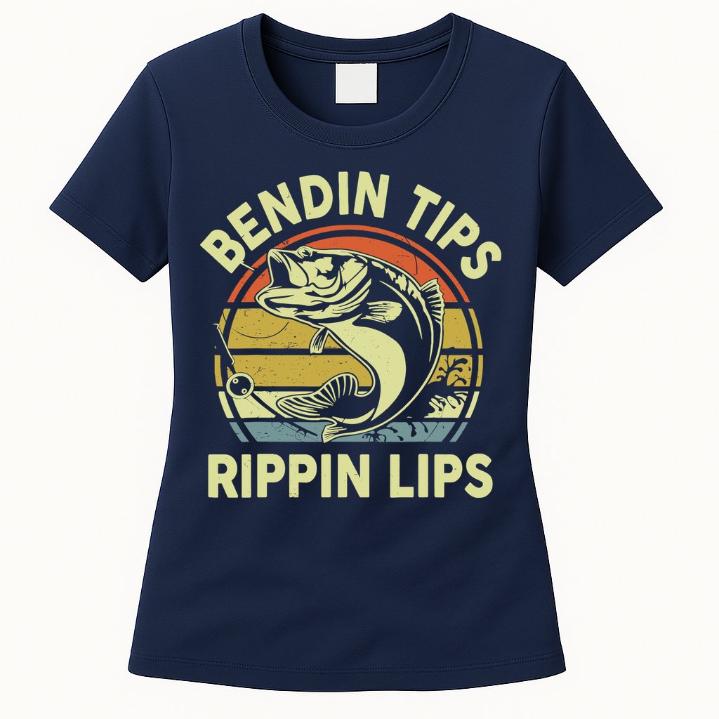 Bass Fish Dad Bendin Tips Rippin Lips Funny Papa Fishing Womens T-Shirt