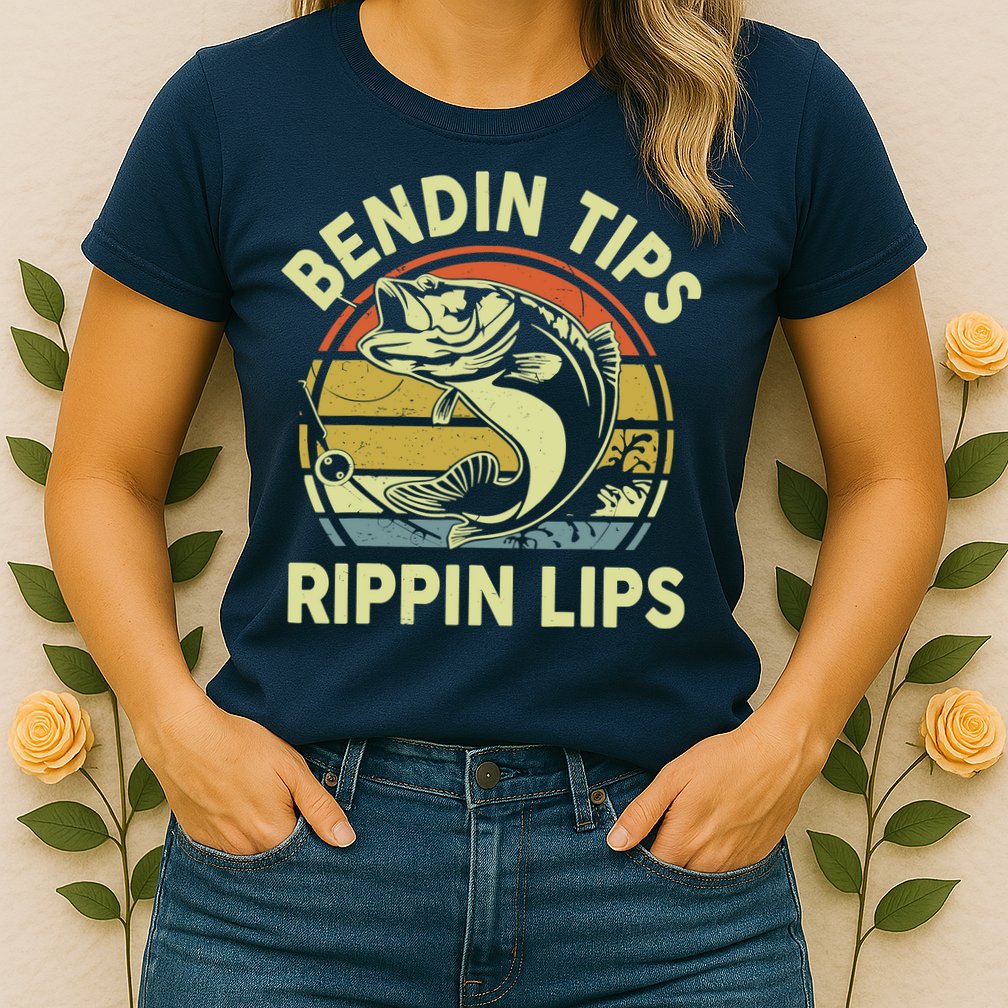 Bass Fish Dad Bendin Tips Rippin Lips Funny Papa Fishing Womens T-Shirt