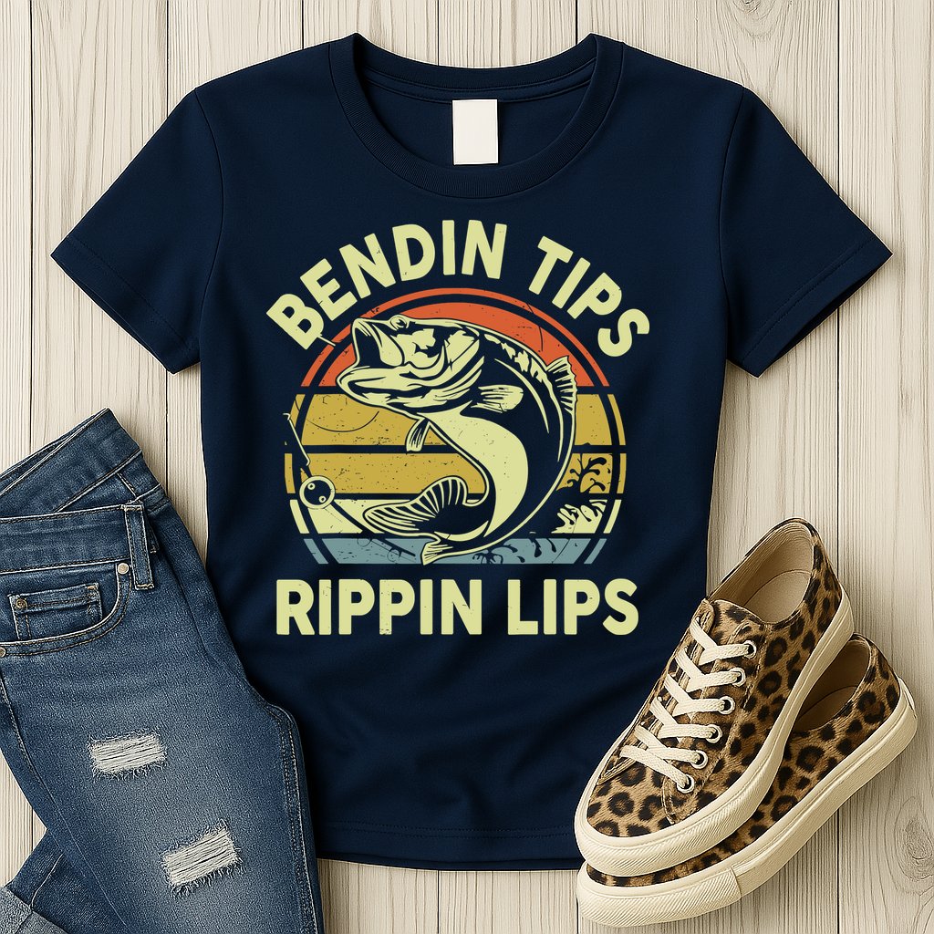 Bass Fish Dad Bendin Tips Rippin Lips Funny Papa Fishing Womens T-Shirt