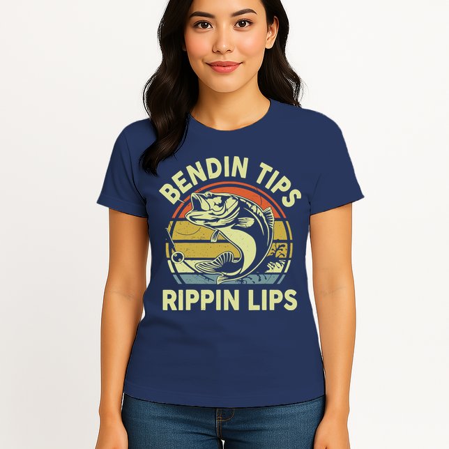 Bass Fish Dad Bendin Tips Rippin Lips Funny Papa Fishing Womens T-Shirt