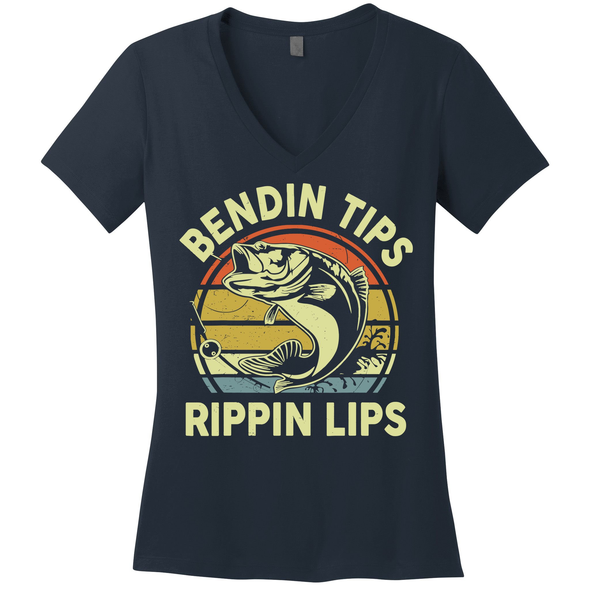 Bass Fish Dad Bendin Tips Rippin Lips Funny Papa Fishing Women's V-Neck T-Shirt