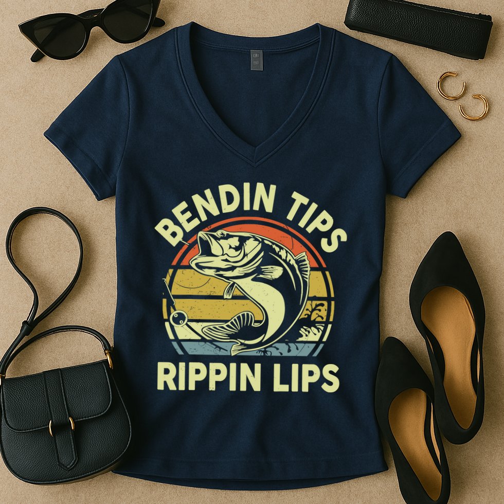 Bass Fish Dad Bendin Tips Rippin Lips Funny Papa Fishing Women's V-Neck T-Shirt