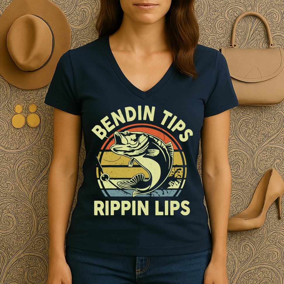 Bass Fish Dad Bendin Tips Rippin Lips Funny Papa Fishing Women's V-Neck T-Shirt