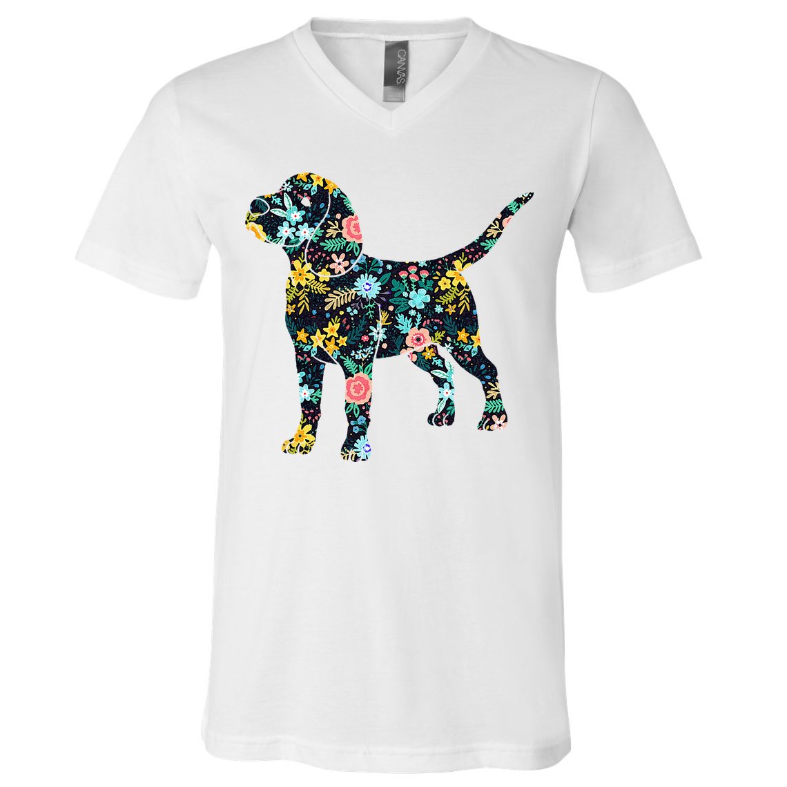 Beagle Floral Dog Silhouette Graphic V-Neck T-Shirt