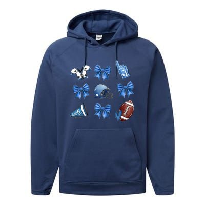 Blue Football Design Cheer Football Coquette Bows Retro Football Performance Fleece Hoodie