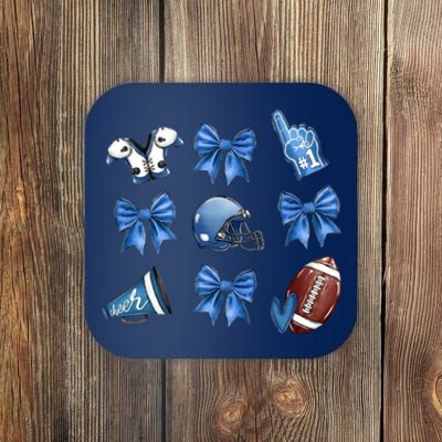 Blue Football Design Cheer Football Coquette Bows Retro Football Coaster