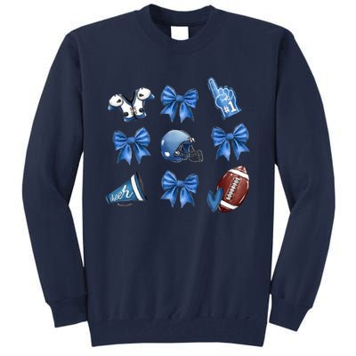 Blue Football Design Cheer Football Coquette Bows Retro Football Tall Sweatshirt