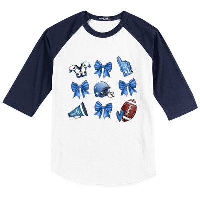 Blue Football Design Cheer Football Coquette Bows Retro Football Baseball Sleeve Shirt