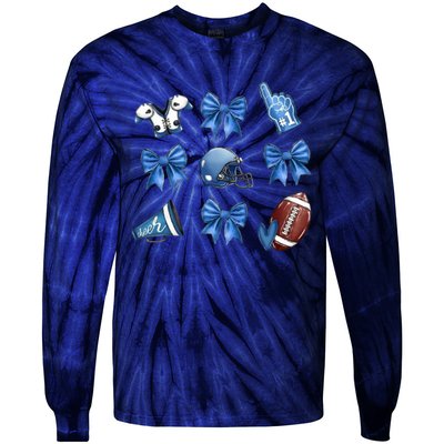 Blue Football Design Cheer Football Coquette Bows Retro Football Tie-Dye Long Sleeve Shirt