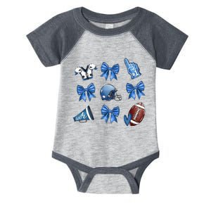 Blue Football Design Cheer Football Coquette Bows Retro Football Infant Baby Jersey Bodysuit