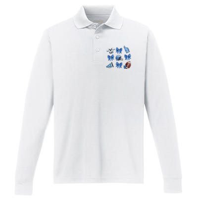 Blue Football Design Cheer Football Coquette Bows Retro Football Performance Long Sleeve Polo