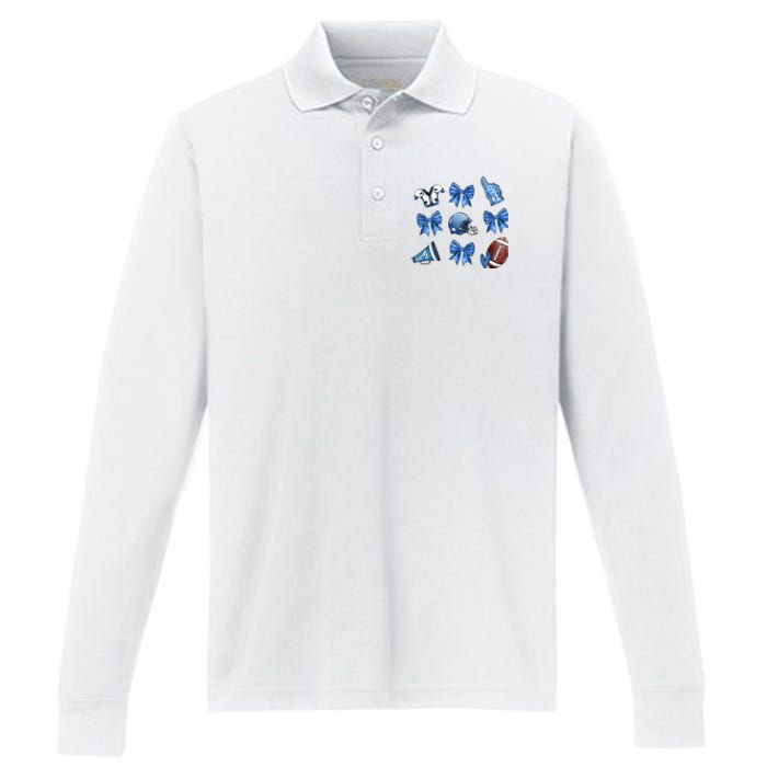 Blue Football Design Cheer Football Coquette Bows Retro Football Performance Long Sleeve Polo