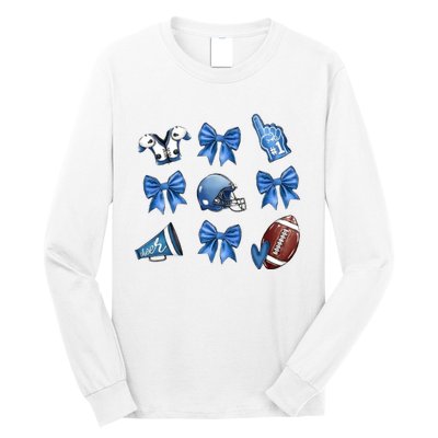 Blue Football Design Cheer Football Coquette Bows Retro Football Long Sleeve Shirt