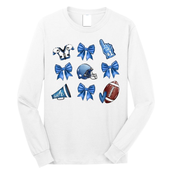 Blue Football Design Cheer Football Coquette Bows Retro Football Long Sleeve Shirt