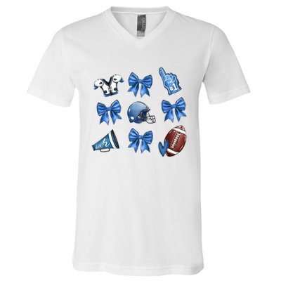 Blue Football Design Cheer Football Coquette Bows Retro Football V-Neck T-Shirt