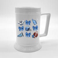 Blue Football Design Cheer Football Coquette Bows Retro Football Beer Stein