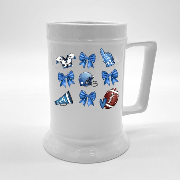 Blue Football Design Cheer Football Coquette Bows Retro Football Beer Stein