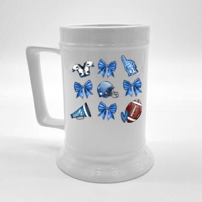 Blue Football Design Cheer Football Coquette Bows Retro Football Beer Stein