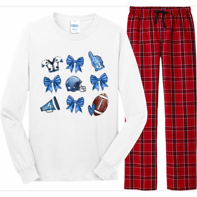 Blue Football Design Cheer Football Coquette Bows Retro Football Long Sleeve Pajama Set