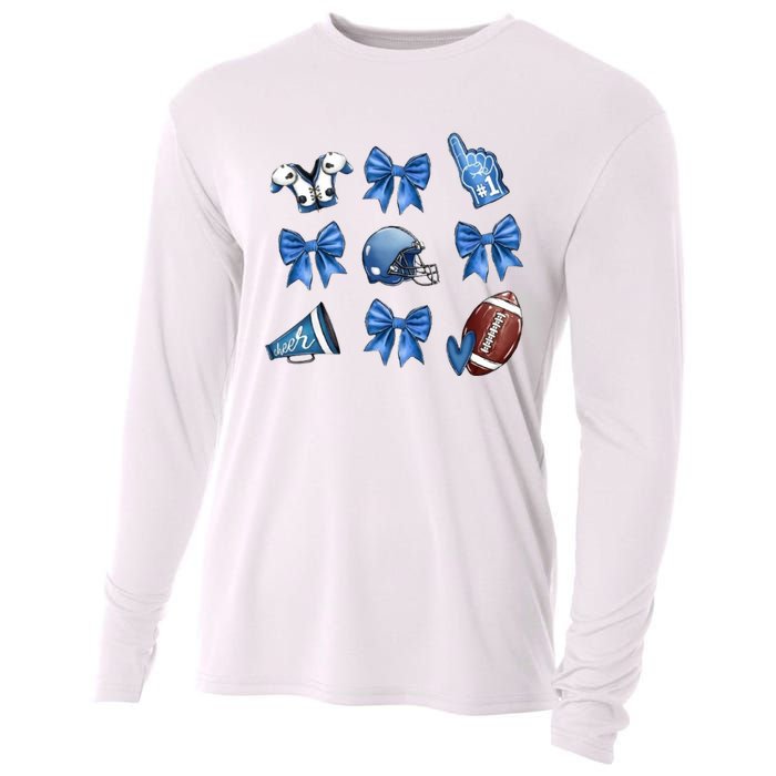 Blue Football Design Cheer Football Coquette Bows Retro Football Cooling Performance Long Sleeve Crew