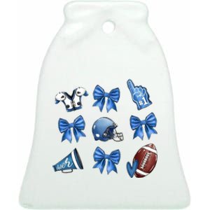 Blue Football Design Cheer Football Coquette Bows Retro Football Ceramic Bell Ornament