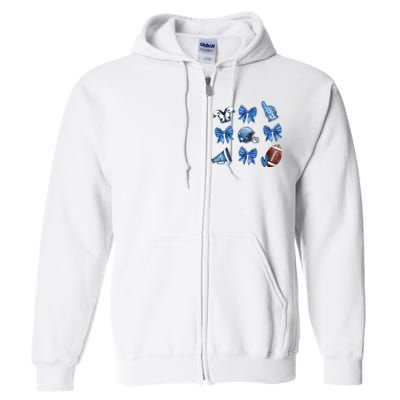 Blue Football Design Cheer Football Coquette Bows Retro Football Full Zip Hoodie