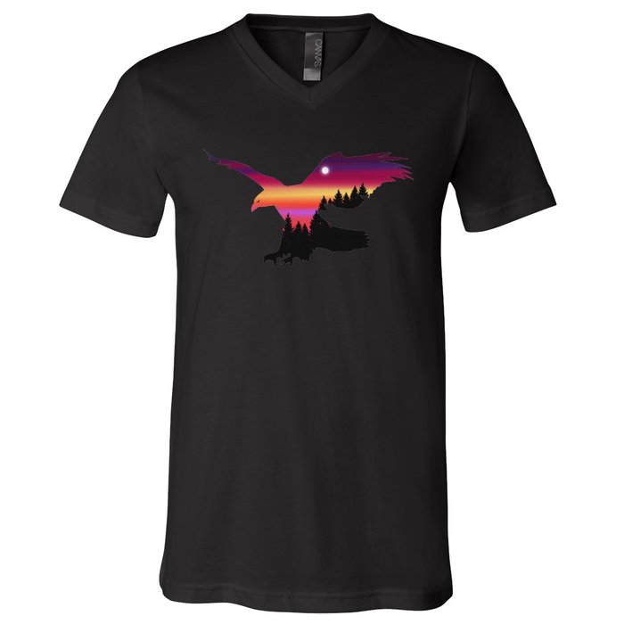 Beautiful Flying Eagle Surreal Sky Silhouette V-Neck T-Shirt