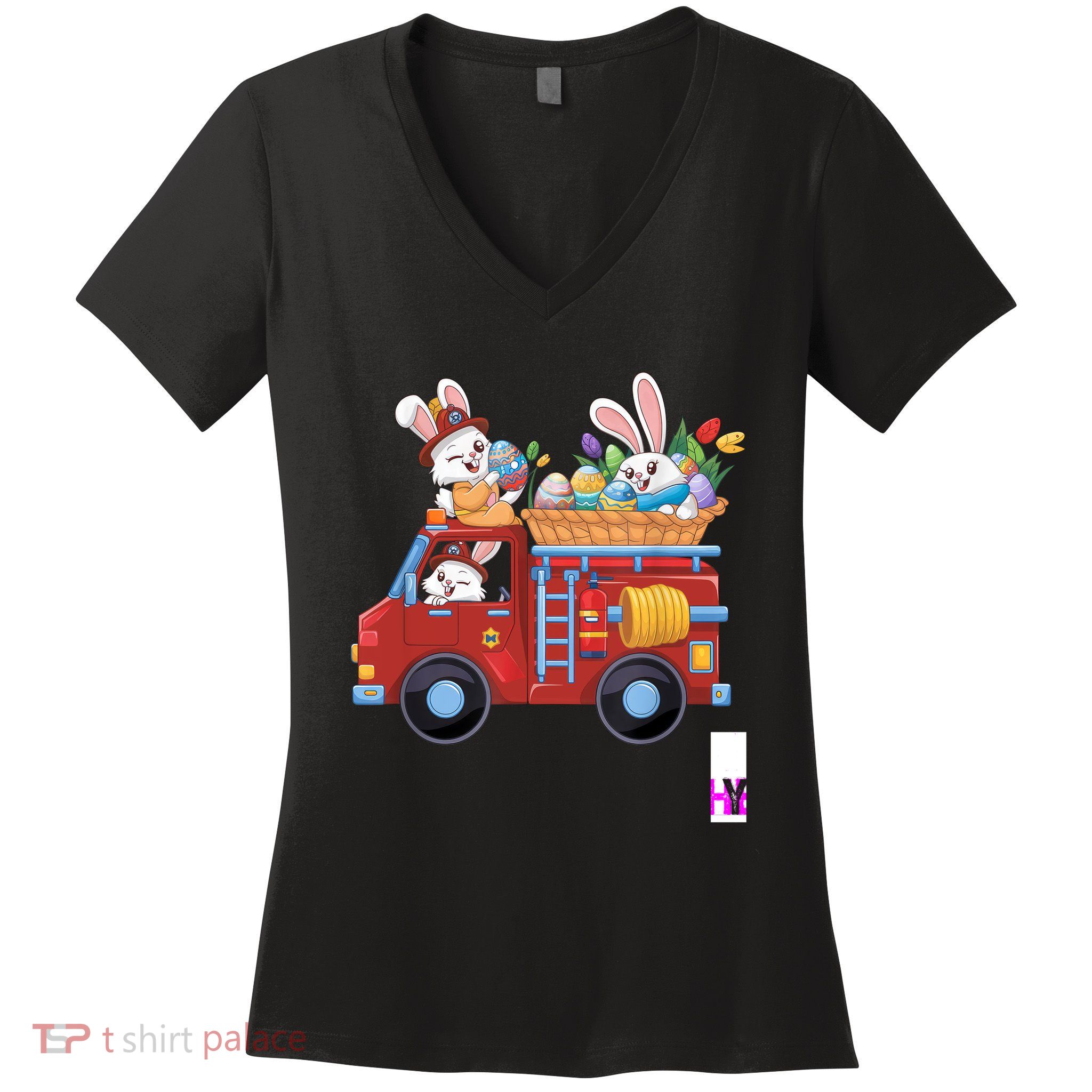 Bunny Firetruck Easter Egg Hunt Firefighter  Women's V-Neck T-Shirt