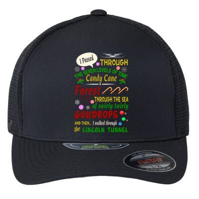 Buddy Funny Elf Christmas Candy Cane Forest, Sea Of Swirly Twirly Gum Drops, An Flexfit Unipanel Trucker Cap