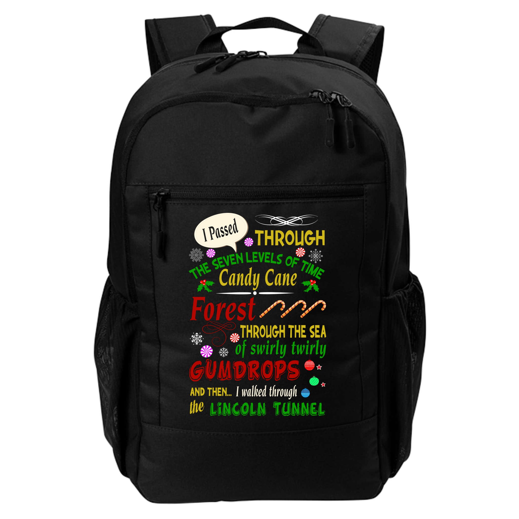 Buddy Funny Elf Christmas Candy Cane Forest, Sea Of Swirly Twirly Gum Drops, An Backpack