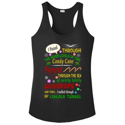 Buddy Funny Elf Christmas Candy Cane Forest, Sea Of Swirly Twirly Gum Drops, An Ladies PosiCharge Competitor Racerback Tank