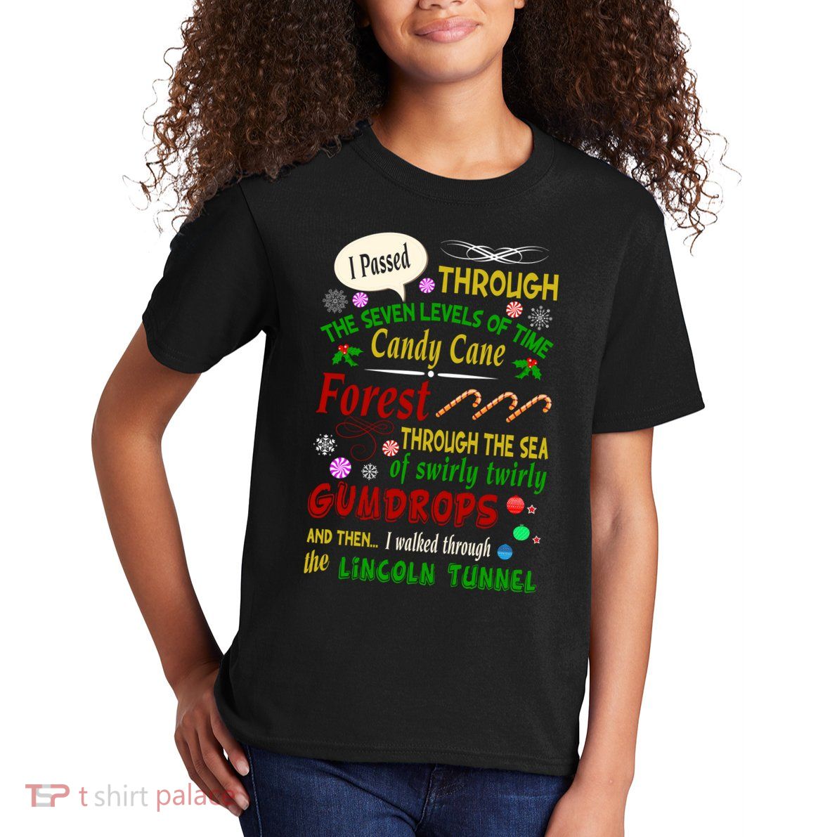 Buddy Funny Elf Christmas Candy Cane Forest, Sea Of Swirly Twirly Gum Drops, An Kids T-Shirt