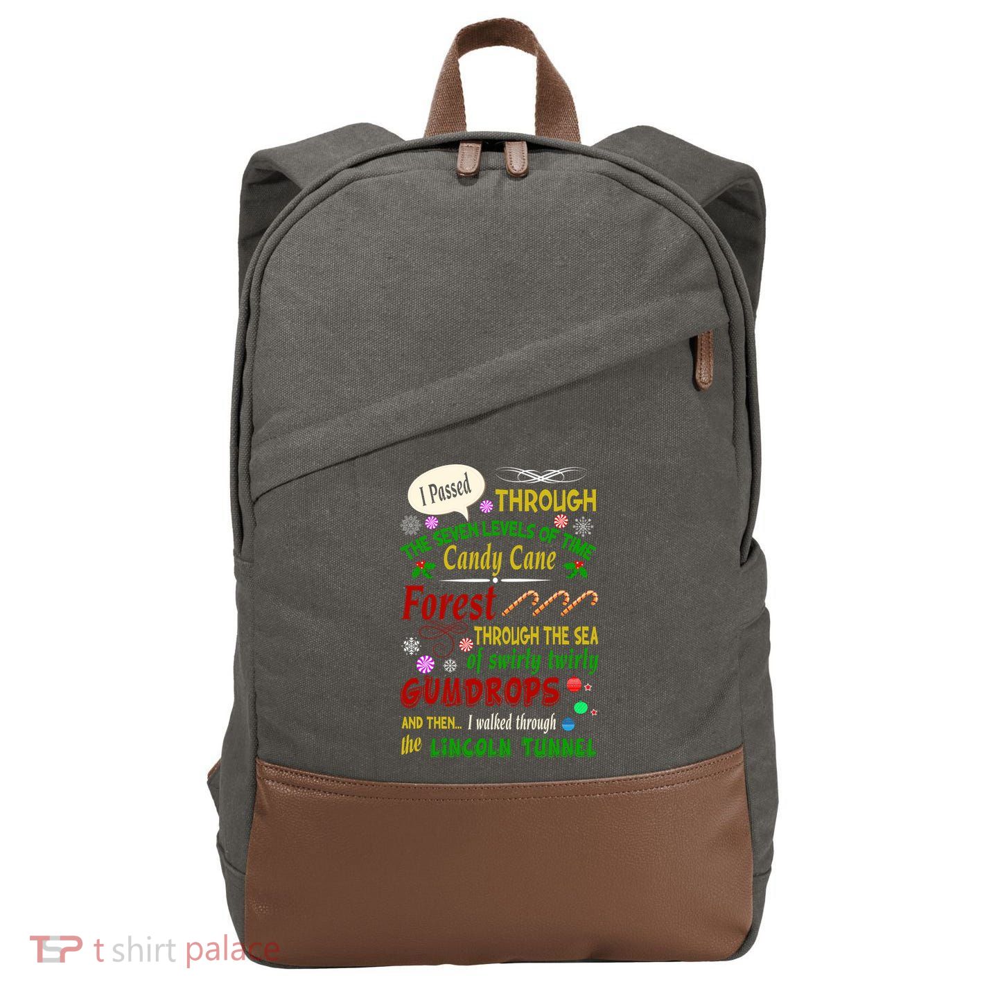 Buddy Funny Elf Christmas Candy Cane Forest, Sea Of Swirly Twirly Gum Drops, An Cotton Canvas Backpack