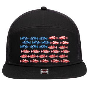 Bass Fishing Fish Lover American Flag Patriotic 4th Of July Cool Gift 7 Panel Mesh Trucker Snapback Hat