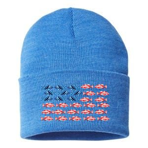 Bass Fishing Fish Lover American Flag Patriotic 4th Of July Cool Gift Sustainable Knit Beanie