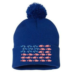 Bass Fishing Fish Lover American Flag Patriotic 4th Of July Cool Gift Pom Pom 12in Knit Beanie