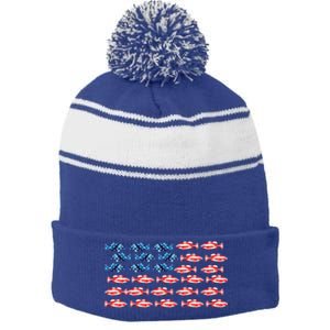 Bass Fishing Fish Lover American Flag Patriotic 4th Of July Cool Gift Stripe Pom Pom Beanie