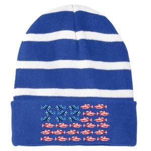 Bass Fishing Fish Lover American Flag Patriotic 4th Of July Cool Gift Striped Beanie with Solid Band