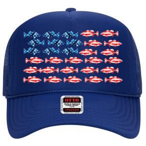 Bass Fishing Fish Lover American Flag Patriotic 4th Of July Cool Gift High Crown Mesh Back Trucker Hat