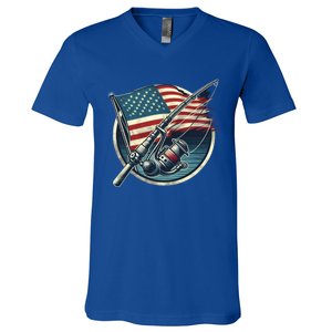 Bass Fishing Fish American Flag Patriotic Fourth Of July Gift V-Neck T-Shirt