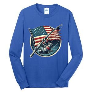 Bass Fishing Fish American Flag Patriotic Fourth Of July Gift Tall Long Sleeve T-Shirt