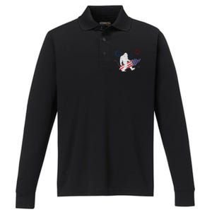 Bigfoot Fireworks Funny 4th Of July Sasquatch Patriotic Performance Long Sleeve Polo