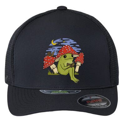 Book Fan Frog with Mushroom Hat Cottagecore Goblincore Flexfit Unipanel Trucker Cap