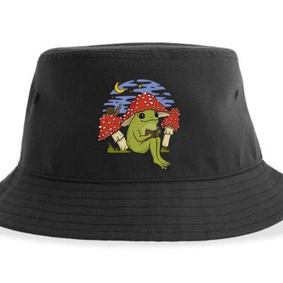 Book Fan Frog with Mushroom Hat Cottagecore Goblincore Sustainable Bucket Hat