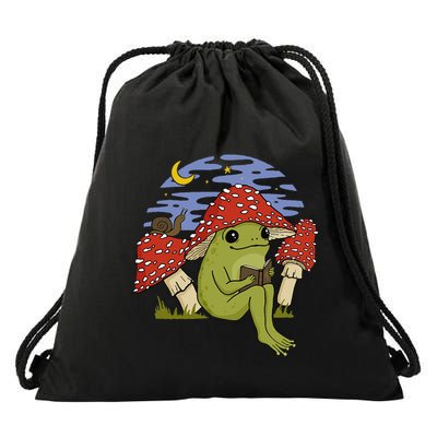 Book Fan Frog with Mushroom Hat Cottagecore Goblincore Drawstring Bag